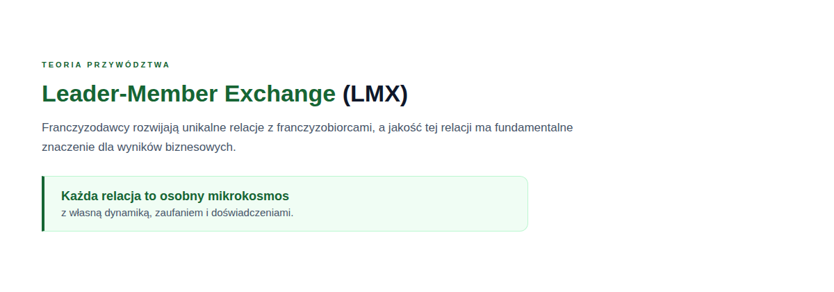 Teoria Leader-Member Exchange (LMX) w franczyzie: franczyzodawca buduje unikalną relację z każdym franczyzobiorcą, a jej jakość wpływa na wyniki