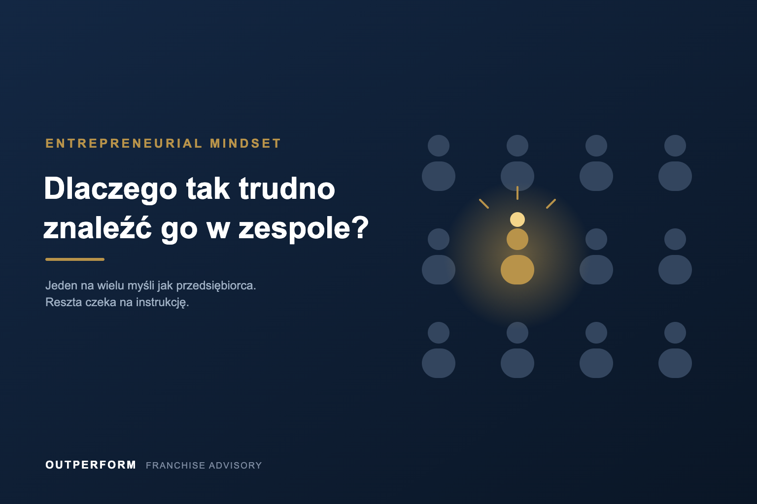 Zespół sylwetek, jedna wyróżniona na złoto z żarówką, przedsiębiorcze nastawienie